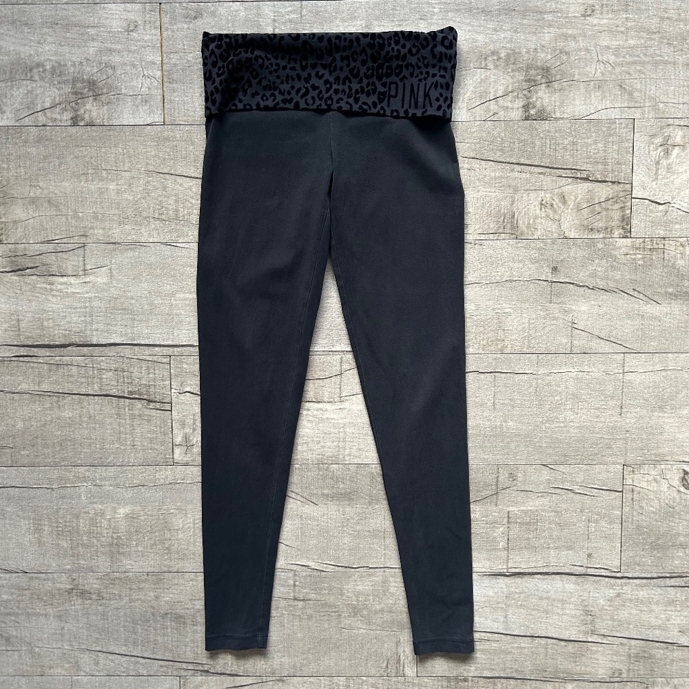 Victoria's Secret PINK Black Y2K Low Rise Fold Over Leggings Velvet Animal Print